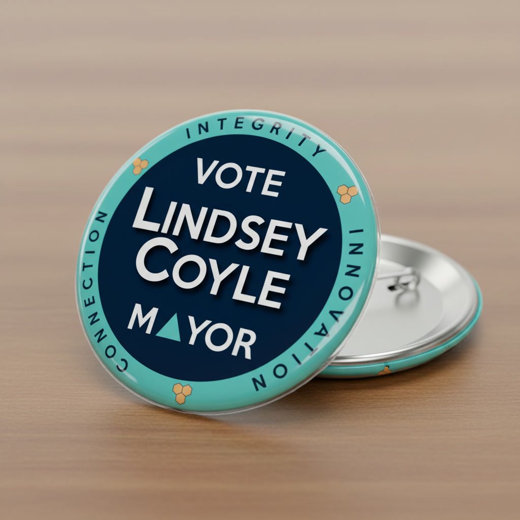 A teal and navy campaign button reading Vote Lindsey Coyle Mayor, with the words Integrity, Innovation and Connection around the rim, on a wooden table beside a second button.