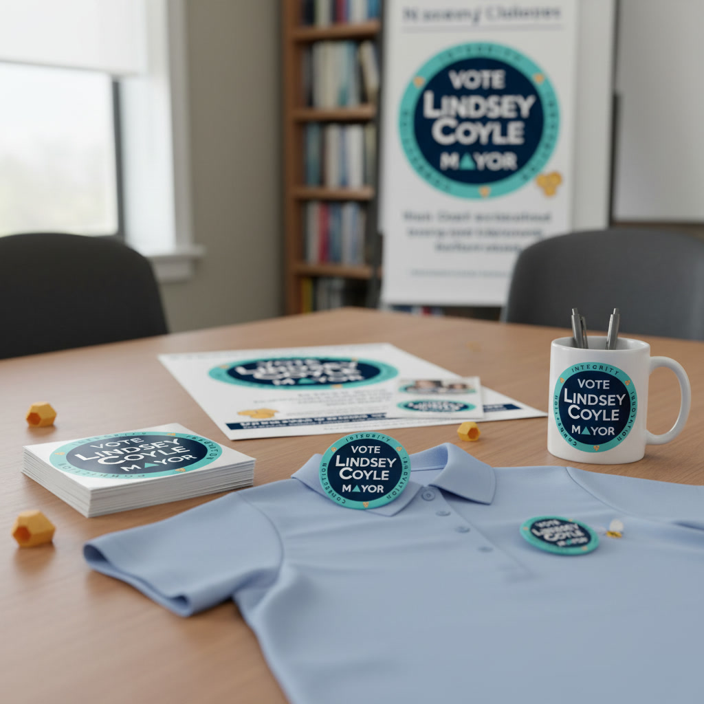 A campaign office table with a poster, flyer, stack of business cards, a mug, a blue polo shirt and buttons, all carrying the Vote Lindsey Coyle Mayor logo.