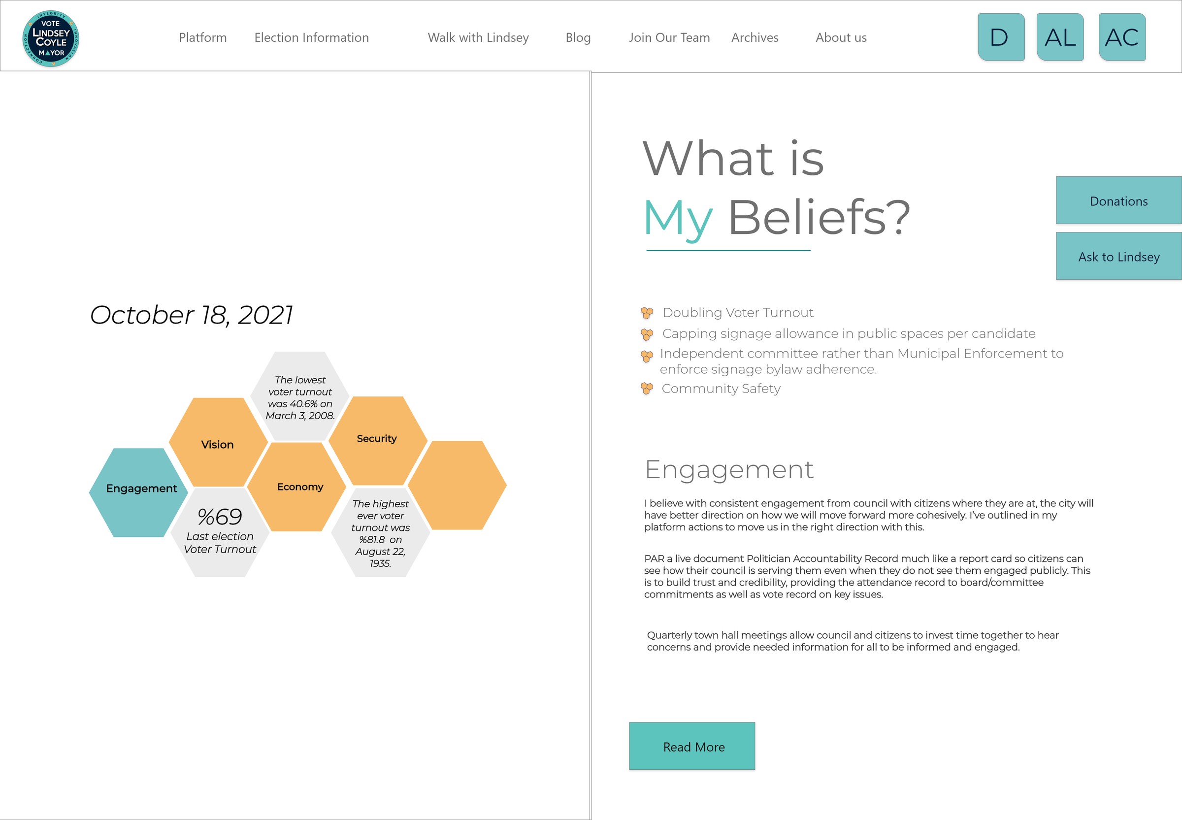The What is My Beliefs page: honeycomb graphic about voter turnout and the campaign pillars Vision, Security, Economy and Engagement, with a list of beliefs and an Engagement section.