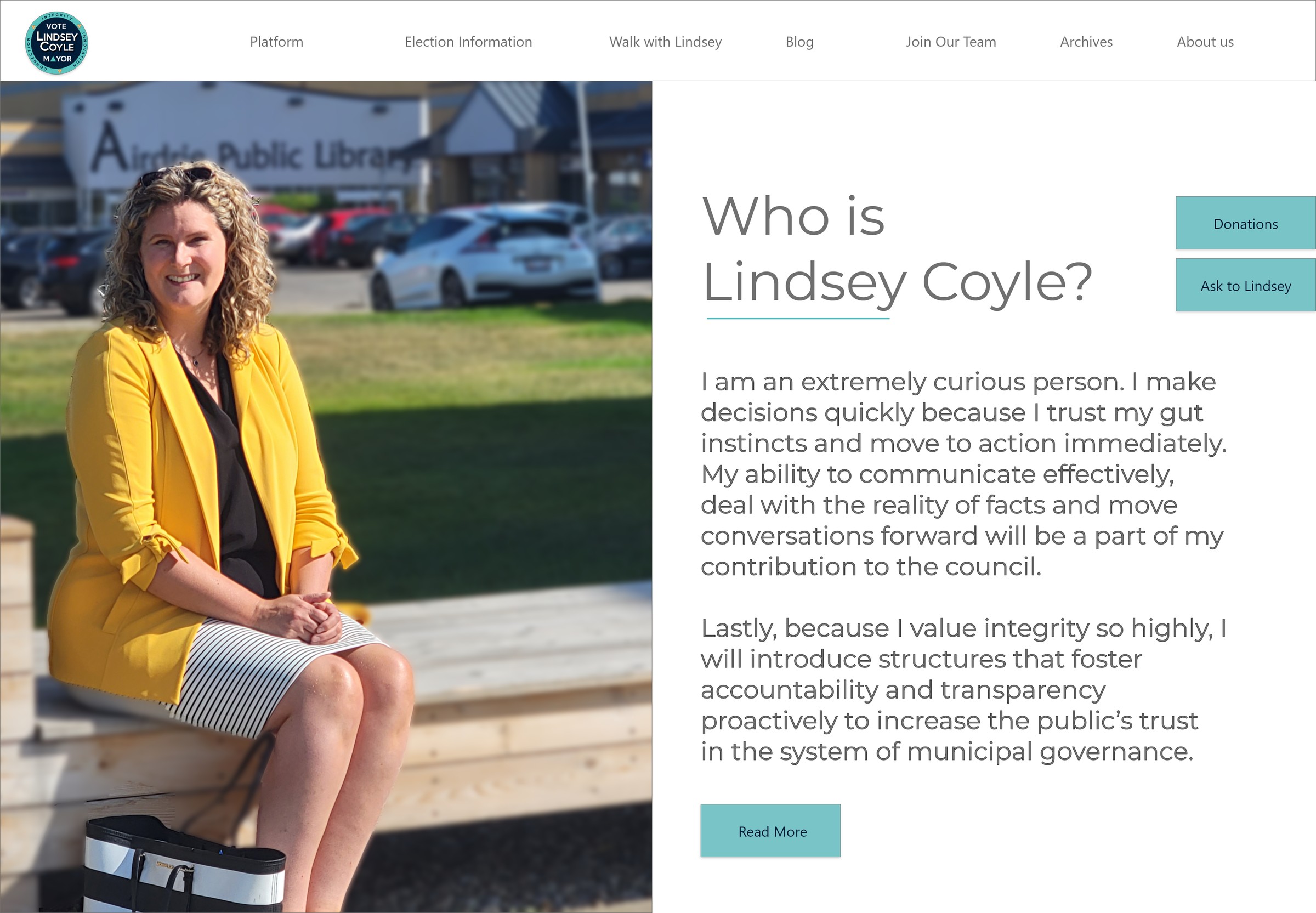 The Who is Lindsey Coyle page: a photo of Lindsey in a yellow blazer sitting outside the Airdrie Public Library beside her introduction, with Donations and Ask to Lindsey buttons and a Read More button.
