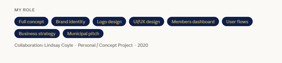 My role: full concept, brand identity, logo design, UI/UX design, members dashboard, user flows, business strategy and municipal pitch. Collaboration: Lindsay Coyle. Personal concept project, 2020.