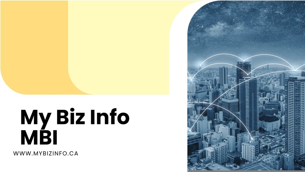 Slide 1: My Biz Info MBI cover, www.mybizinfo.ca, over a night city photo.
