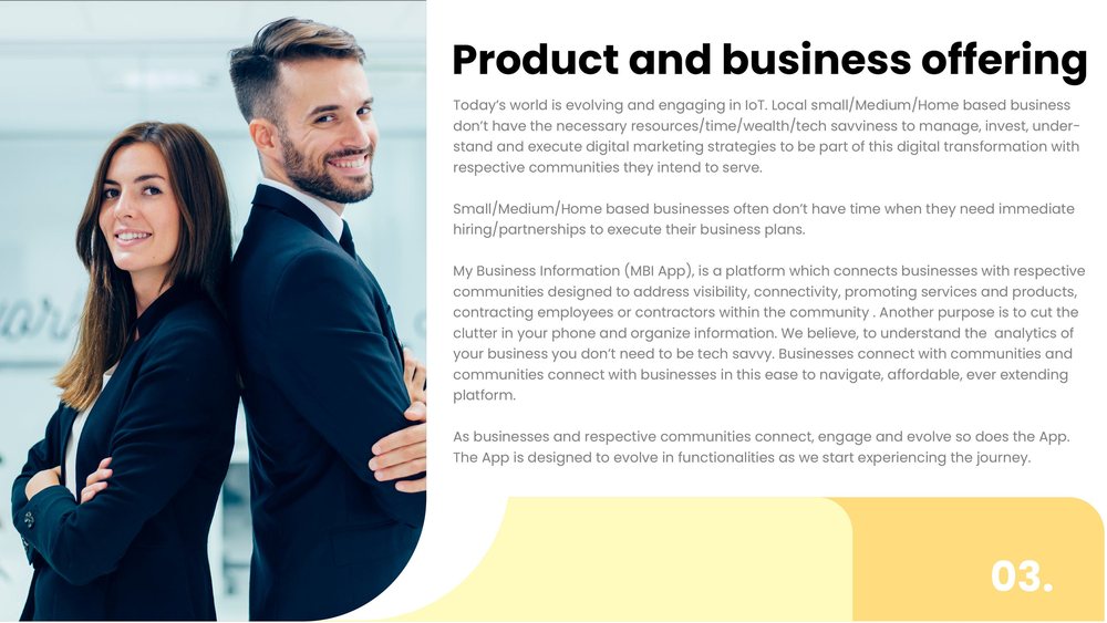 Slide 3, Product and business offering: a business duo and text on the My Business Information app.