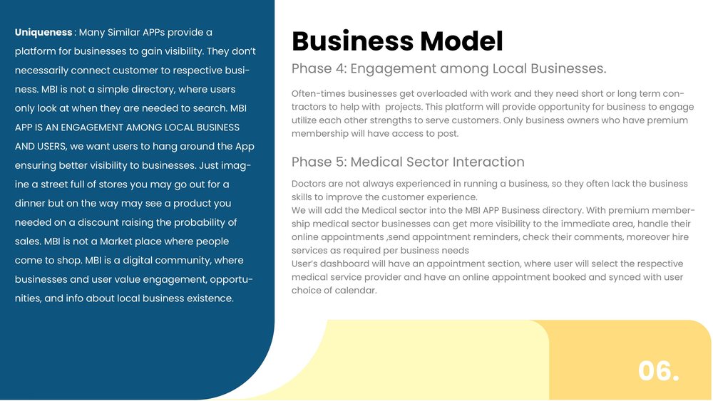 Slide 6, Business Model: phases 4 and 5, engagement among local businesses and medical sector interaction.