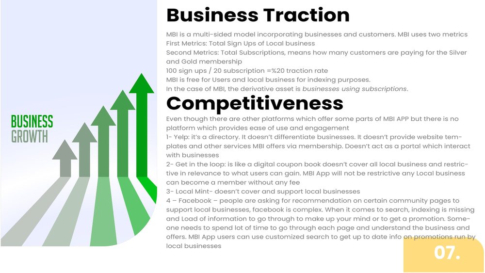 Slide 7, Business Traction and Competitiveness, with a business growth arrow graphic.