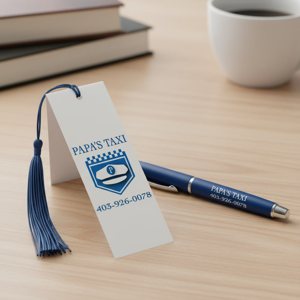 A Papa's Taxi bookmark with a navy tassel and a navy pen printed with the name and phone number, on a light wooden desk beside books and a coffee cup.