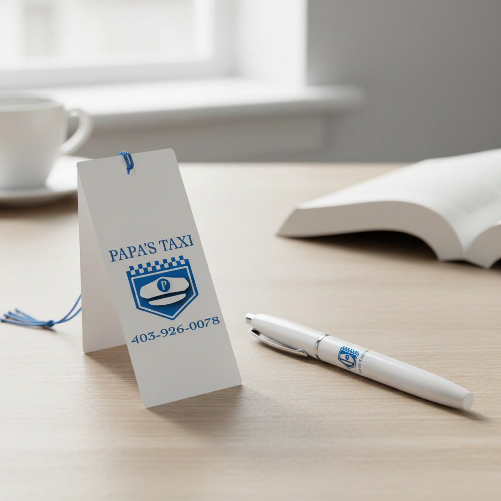 A Papa's Taxi bookmark with a blue tassel and a white pen with the shield badge, on a wooden desk beside an open book.