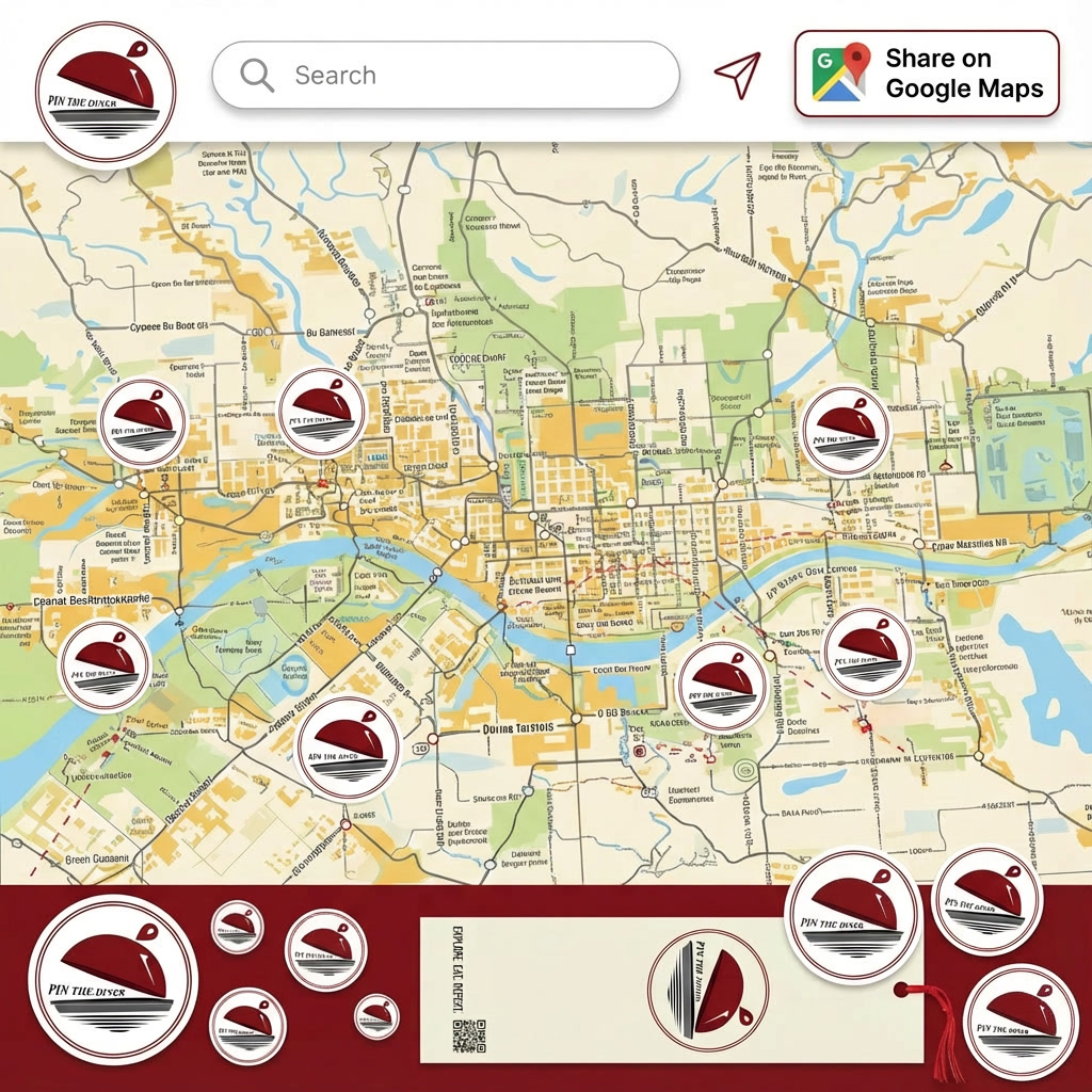 Pin The Diner app concept: a search bar and Share on Google Maps button above a city map pinned with red diner cloche markers, and a cranberry band of stickers and a bookmark below.