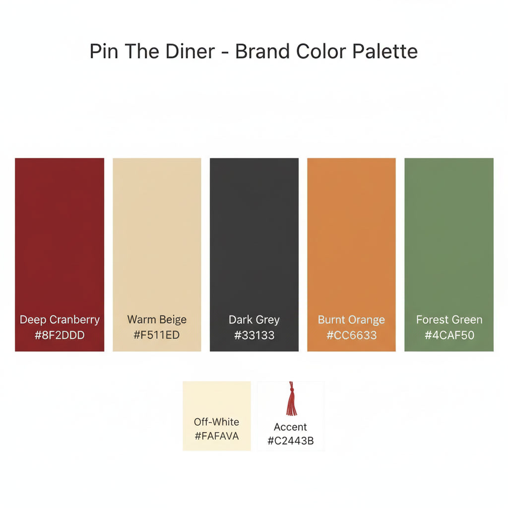 Pin The Diner brand colour palette: deep cranberry, warm beige, dark grey, burnt orange and forest green, with an off-white and a red tassel accent.