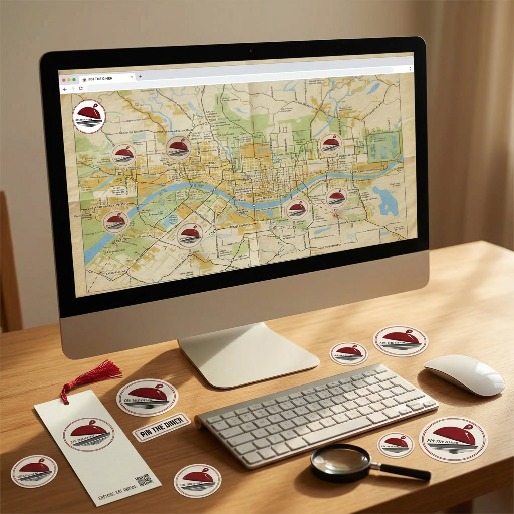 A hand holding a magnifying glass over a paper city map pinned with diner markers, beside Pin The Diner stickers and a bookmark with a red tassel.