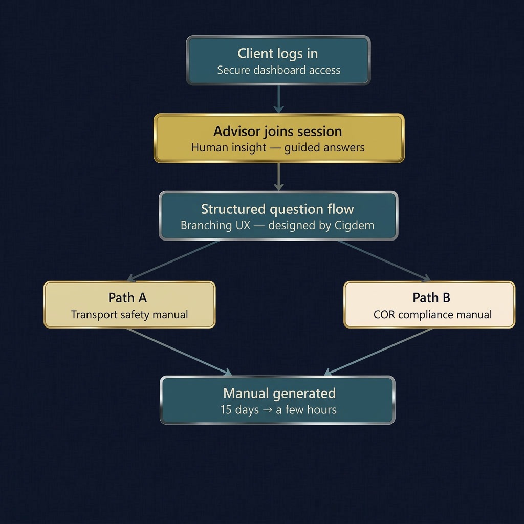 Flow diagram: the client logs in with secure dashboard access, an advisor joins the session, and a structured branching question flow designed by Cigdem leads to Path A, the transport safety manual, or Path B, the COR compliance manual. The manual is generated, taking 15 days down to a few hours.