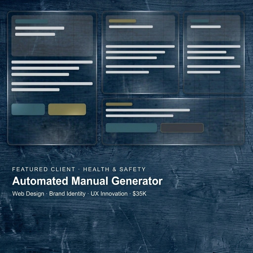 Automated Manual Generator, a featured health and safety client project covering web design, brand identity and UX innovation, $35K. Panels of a dashboard on a dark blue wood background.