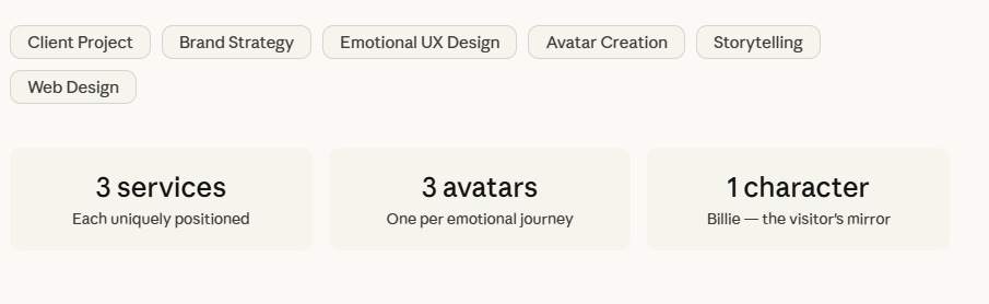 Project summary. Tags: Client Project, Brand Strategy, Emotional UX Design, Avatar Creation, Storytelling, Web Design. 3 services, each uniquely positioned. 3 avatars, one per emotional journey. 1 character, Billie, the visitor's mirror.