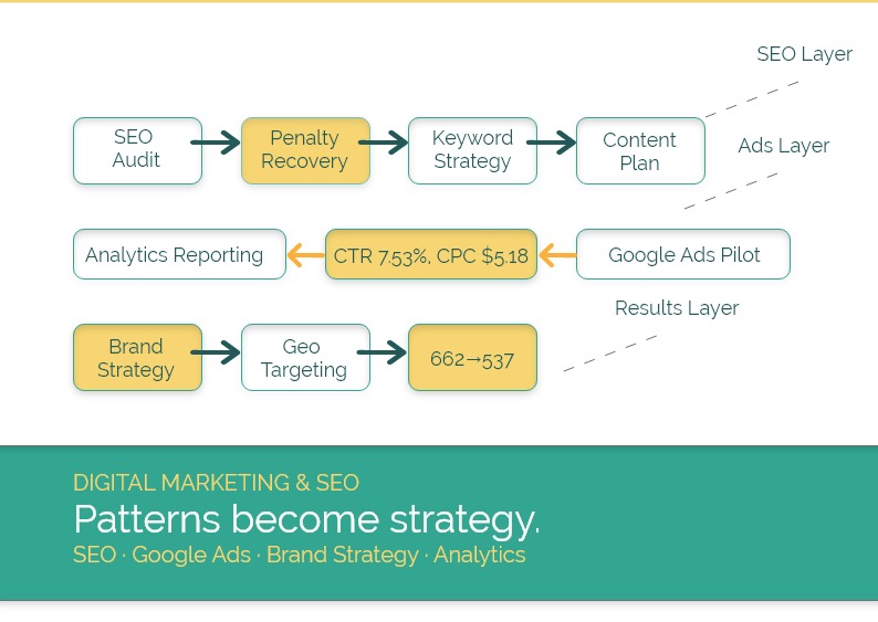 Digital Marketing and SEO case studies: a diagram linking SEO audit, penalty recovery, keyword strategy and Google Ads results. Patterns become strategy.