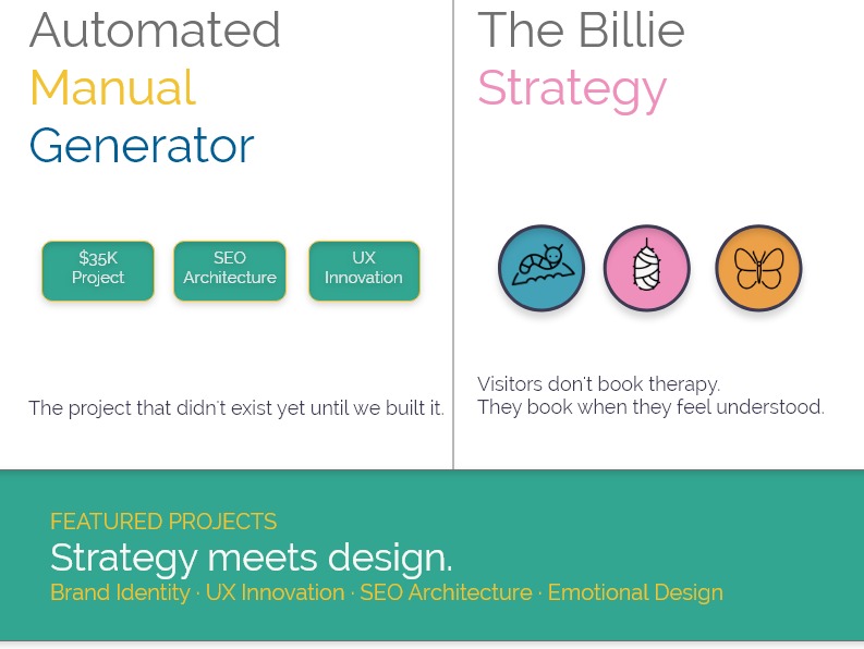 Featured Projects: Automated Manual Generator and The Billie Strategy. Strategy meets design.