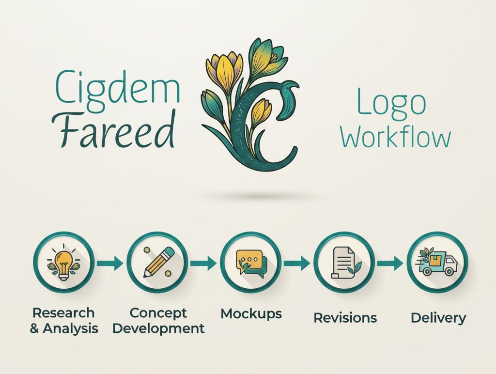 Graphic Design: the Cigdem Fareed logo workflow from research and analysis to concept development, mockups, revisions and delivery.