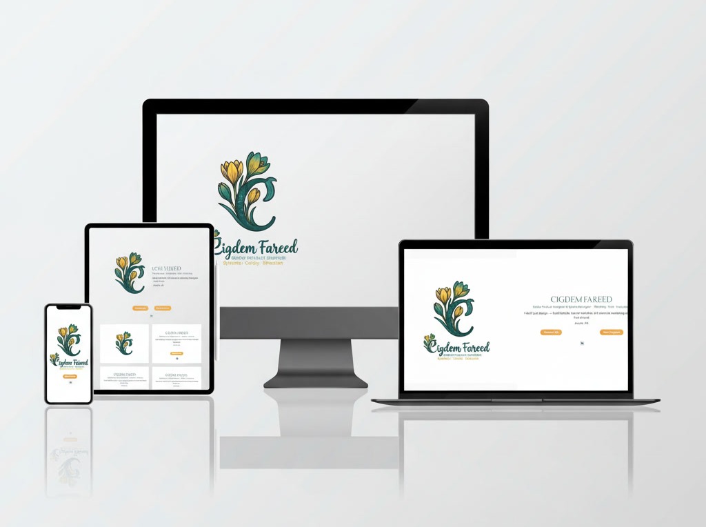 Web Design and Development: the Cigdem Fareed website shown on a phone, tablet, desktop monitor and laptop.