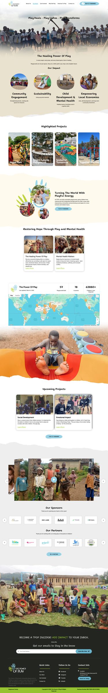 The Power of Play Our Work page: a healing power of play section, four impact areas, highlighted projects, a map of locations, upcoming projects, sponsors and partners.