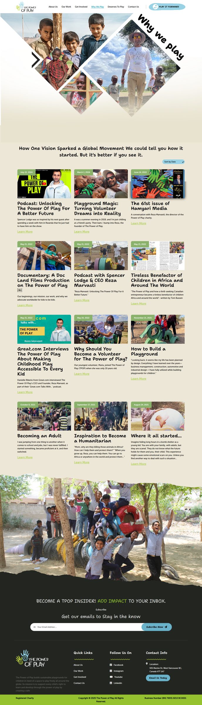 The Power of Play Why We Play page: a diamond photo layout with children and a man, a story section and a grid of podcast and news cards.