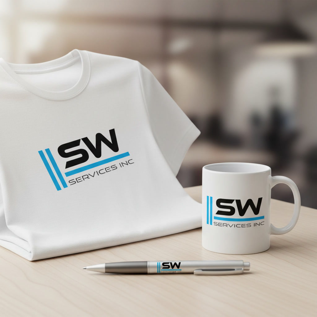 A folded white t-shirt, a mug and a pen with the SW Services Inc logo on a light wooden desk in a soft-focus office.
