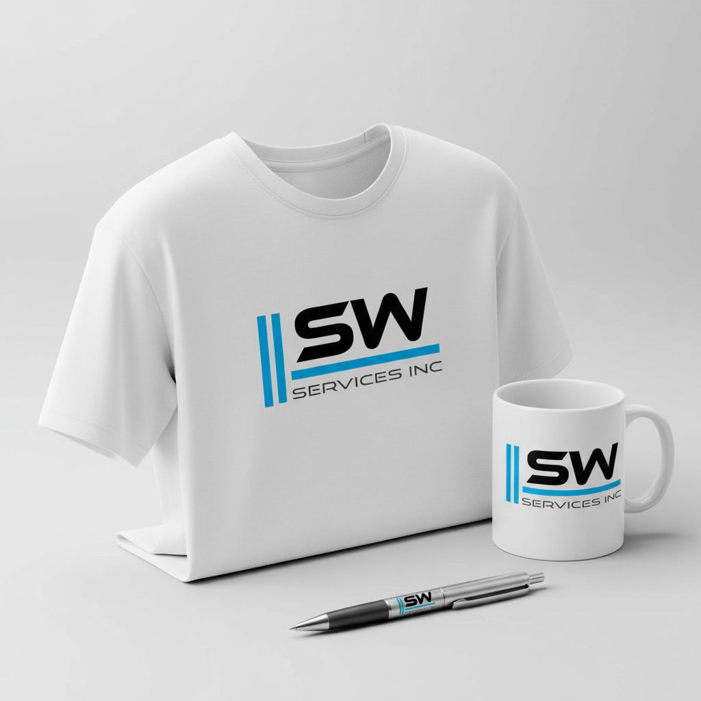 A white t-shirt, a mug and a pen, each printed with the SW Services Inc logo: bold black SW lettering with blue bars.