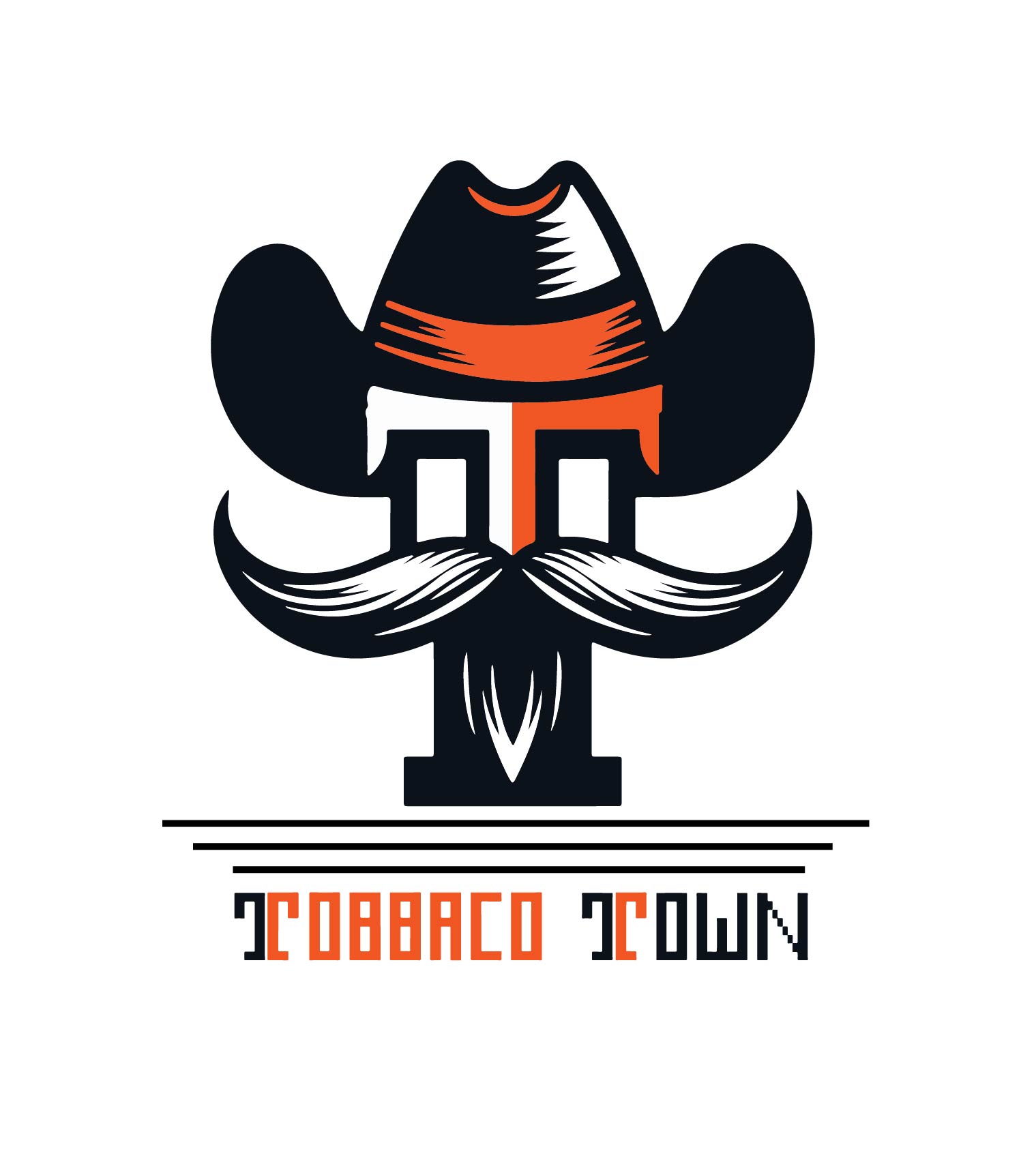 Tobacco Town emblem: a black cowboy hat with an orange band above a T-shaped face with a white handlebar moustache and beard, over the words Tobacco Town in orange and black.