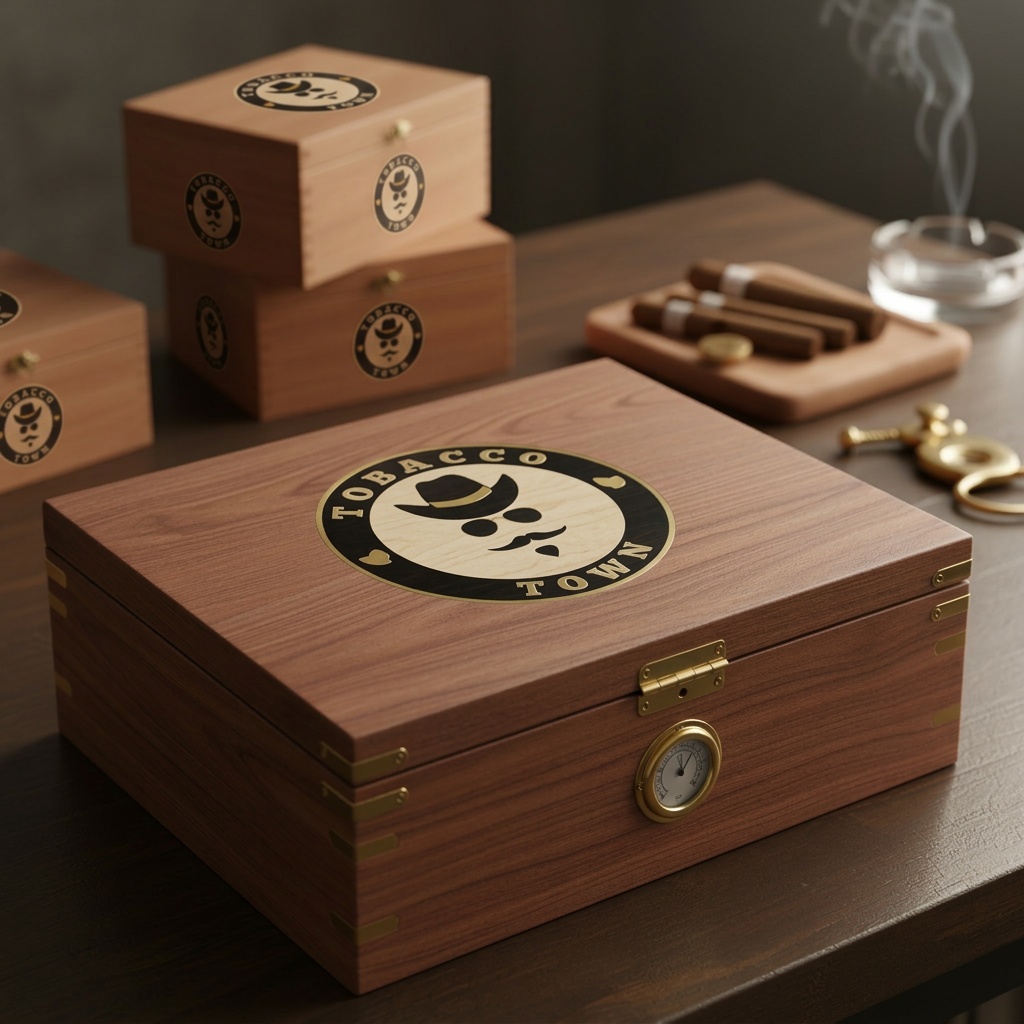 A wooden humidor box with a round Tobacco Town emblem on the lid, beside smaller boxes, cigars and a smoking ashtray.