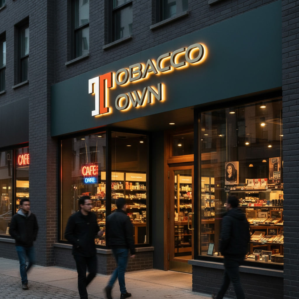A Tobacco Town shop front at dusk with a lit teal sign, the T monogram in orange and white, and people walking past the window.