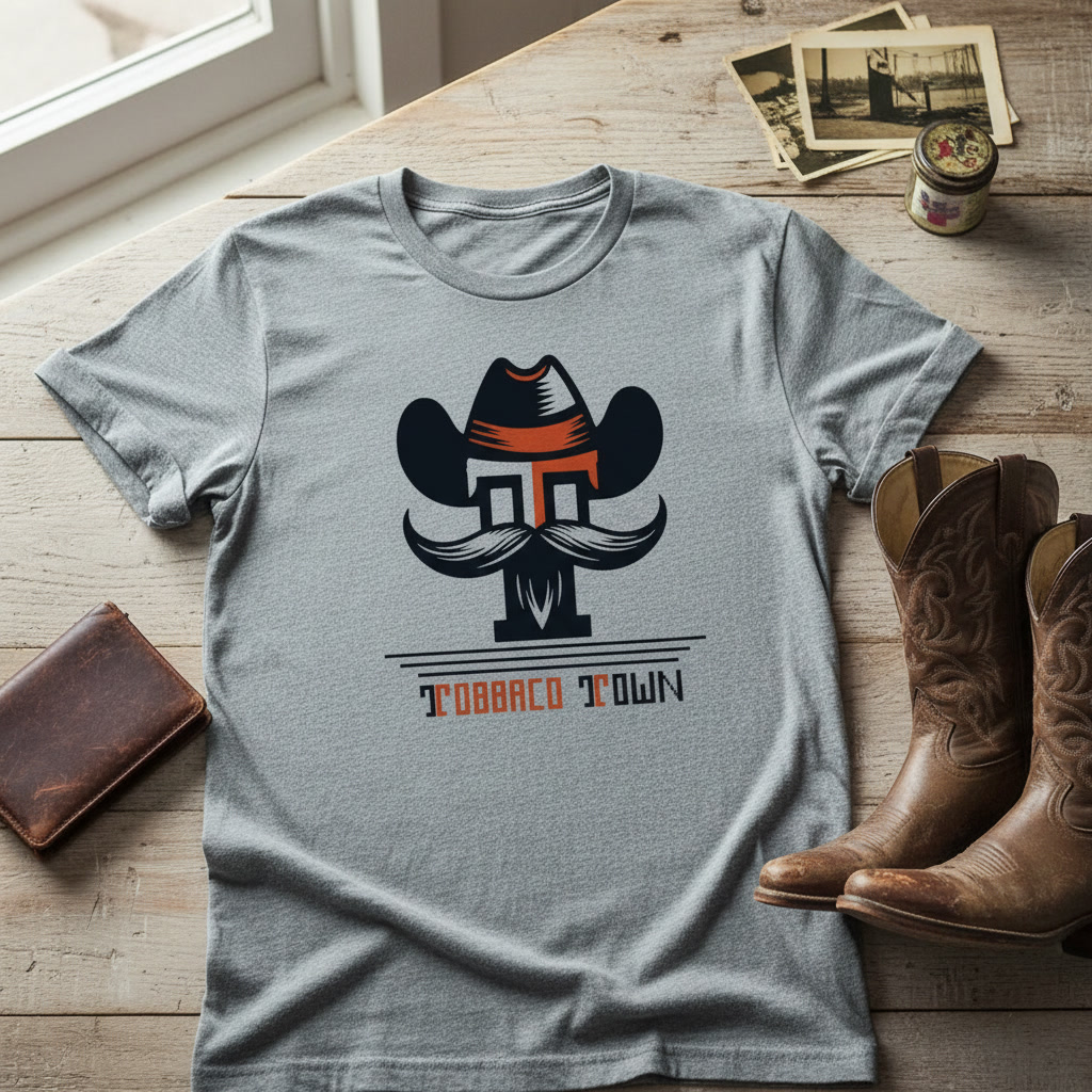 A grey t-shirt printed with the Tobacco Town cowboy emblem on a wooden table beside cowboy boots, a wallet and old photographs.