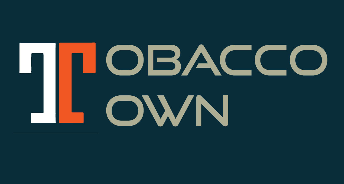 Tobacco Town typographic logo on dark teal: a white and orange T monogram followed by OBACCO TOWN in sand-coloured capitals.