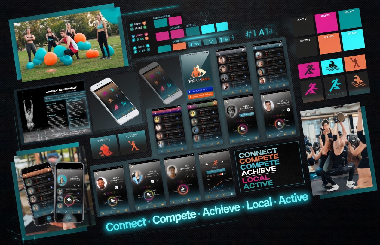 Training Mate mood board: app screens, phones, colour swatches, sport icons and fitness photos, with the words Connect, Compete, Achieve, Local, Active.