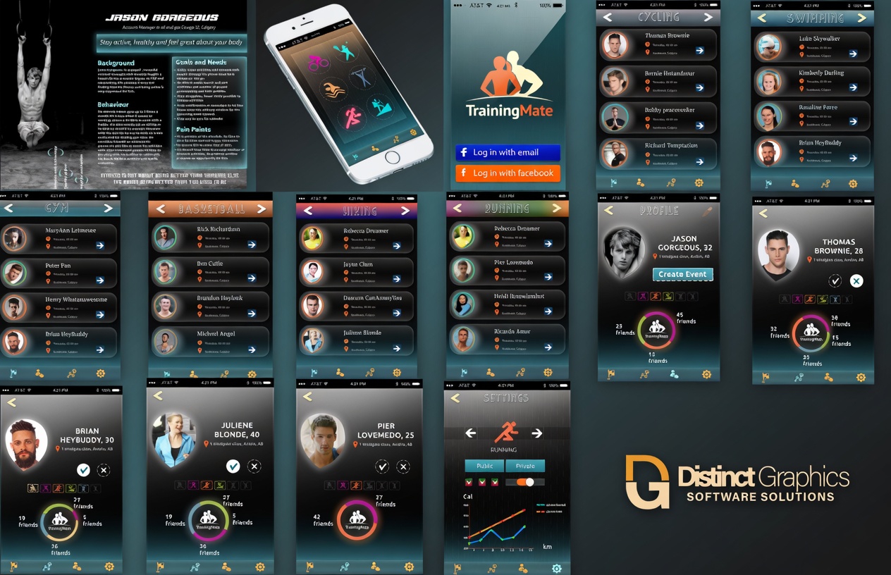 Training Mate app screens on a dark teal background: login, sport category lists for cycling, swimming, gym, basketball, hiking and running, user profiles with friend rings, and a settings screen, with the Distinct Graphics Software Solutions logo.