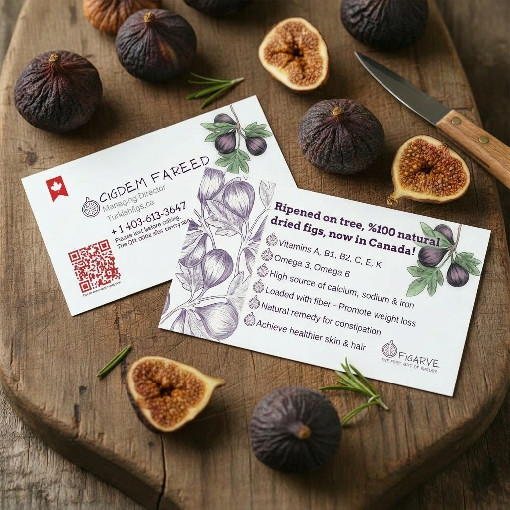 Both business cards on a wooden serving board with whole and halved figs, a knife and rosemary.