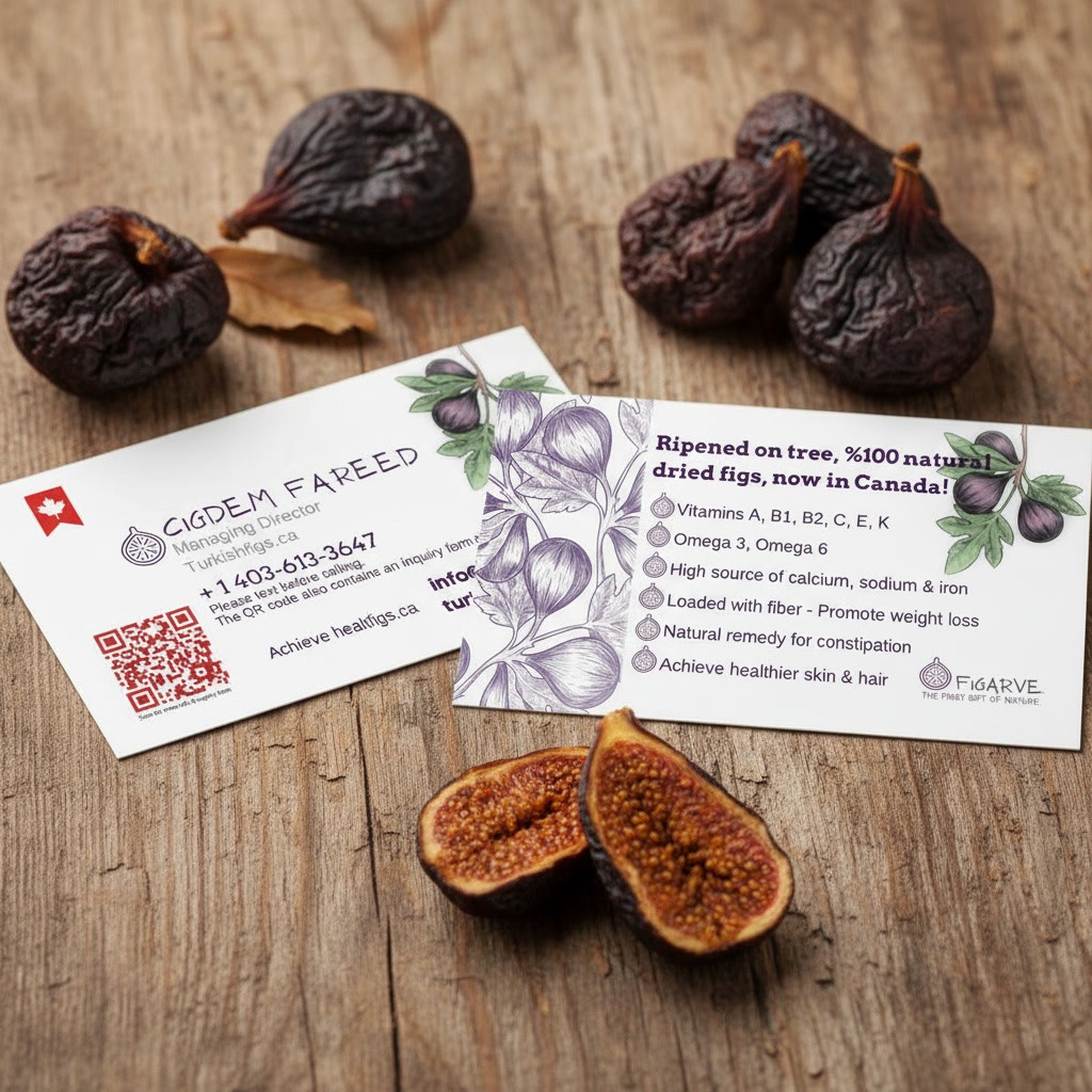 The front and back business cards resting on a rustic wooden table beside dried and fresh figs.