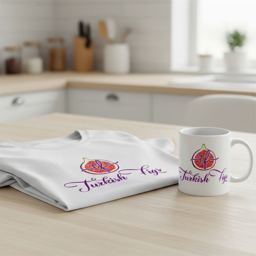 A folded white t-shirt and a mug, both with the Turkish Figs logo, on a light wooden table in a bright kitchen.