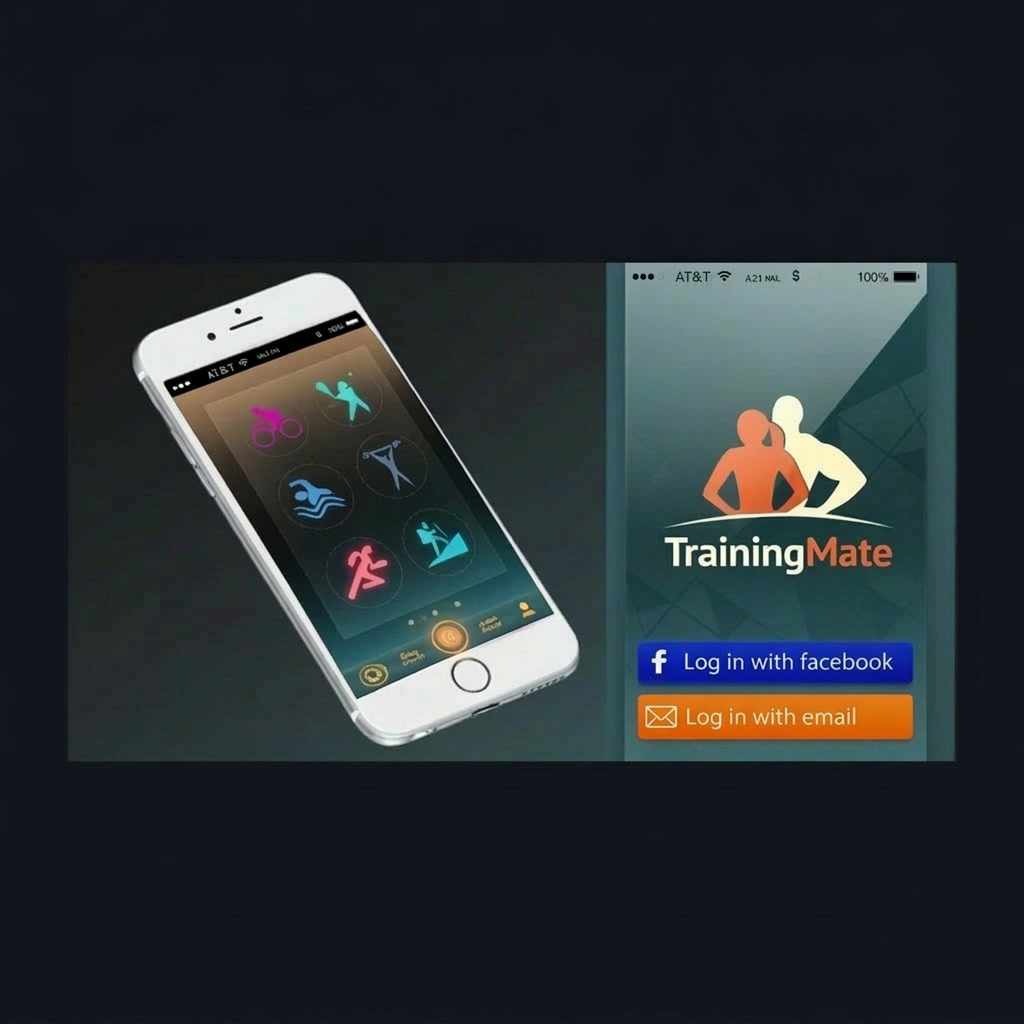Training Mate splash screen: a phone showing sport activity icons beside the TrainingMate login screen with Log in with Facebook and Log in with email buttons.
