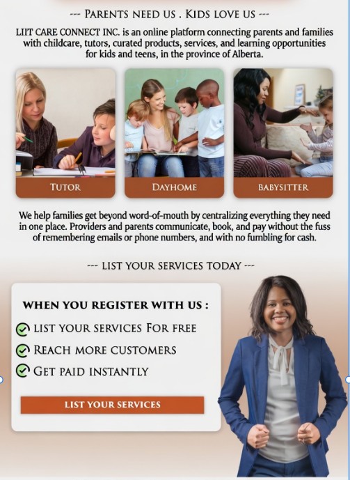 Childcare platform page: Parents need us, kids love us, with Tutor, Daymom and Babysitter service cards and a list your services today panel.