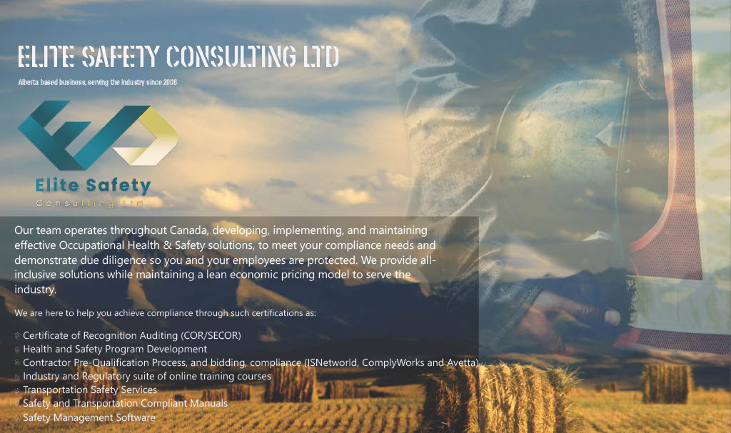 Elite Safety Consulting Ltd website page over a harvest field at dusk: the logo, a list of compliance services such as Certificate of Recognition auditing, and a contact heading.