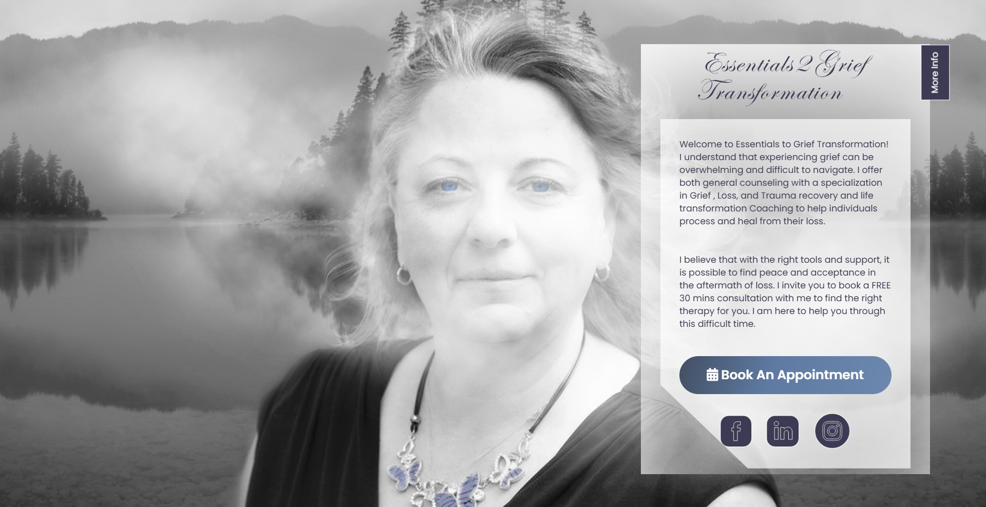 Essentials 2 Grief Transformation website: a black and white portrait of a woman over a misty lake, with a welcome message and a Book An Appointment button.