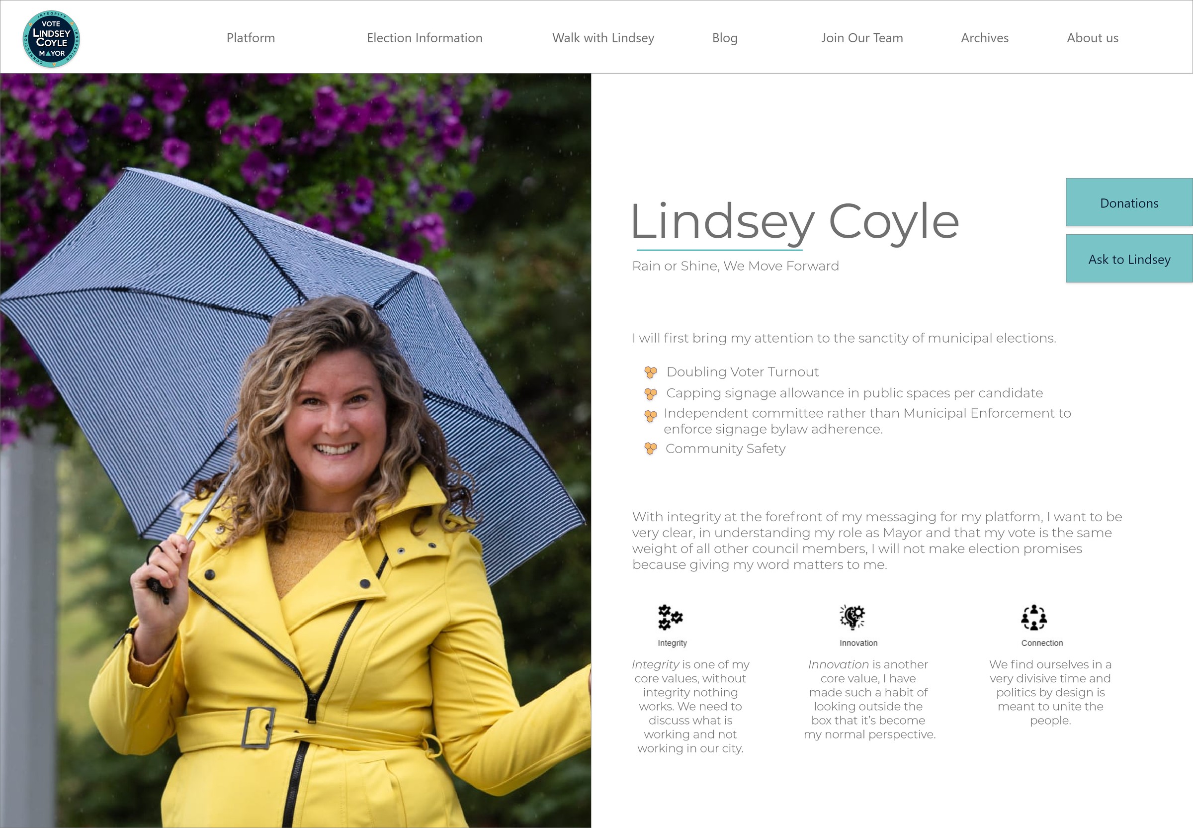 The Lindsey Coyle for Mayor website home page: a portrait of Lindsey holding an umbrella in a yellow raincoat, with a menu, donate and ask buttons, a platform list and three pillars: Integrity, Innovation and Connection.