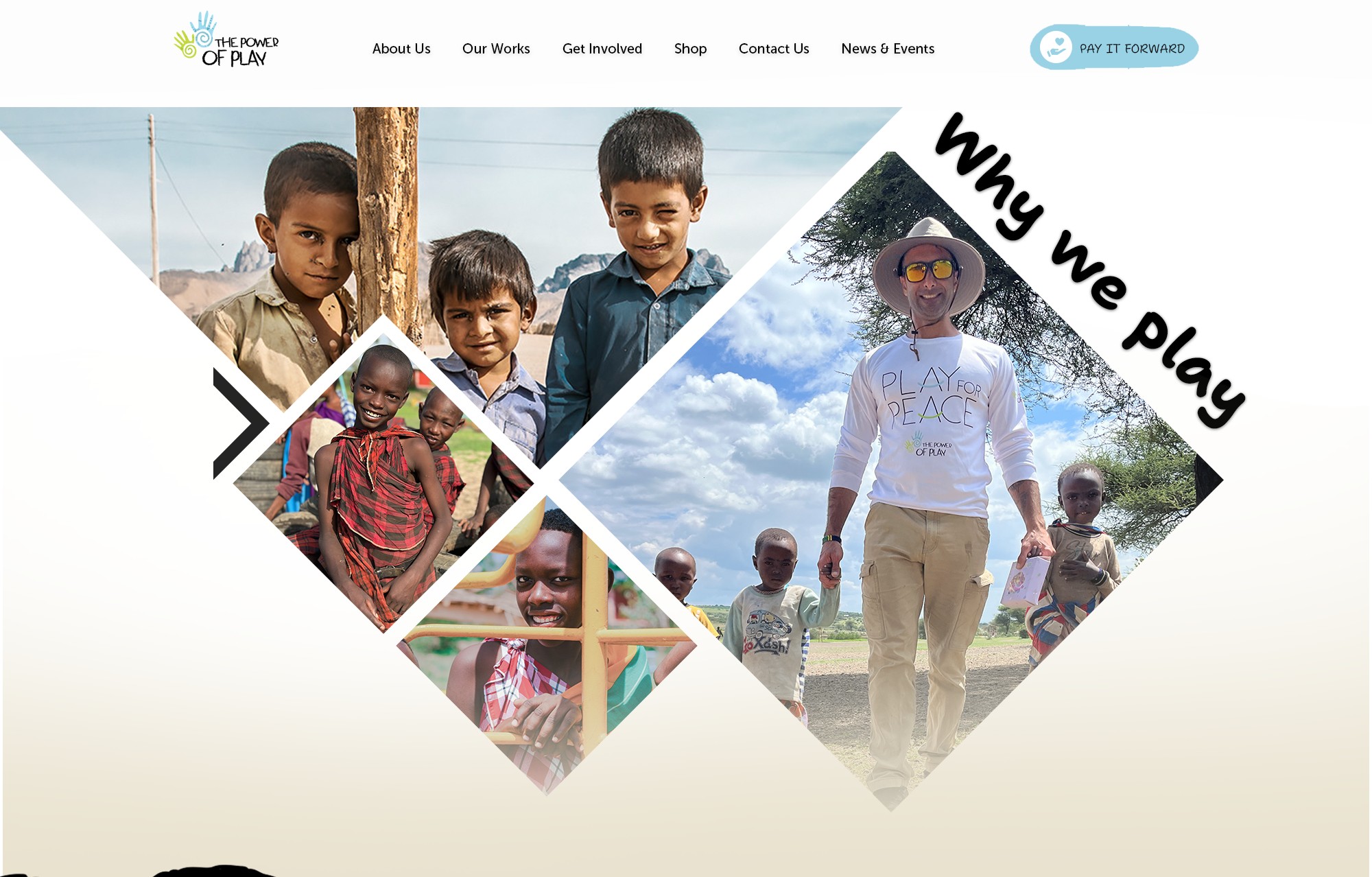 The Power of Play website: a Why we play banner with children and a man in a diamond photo layout.