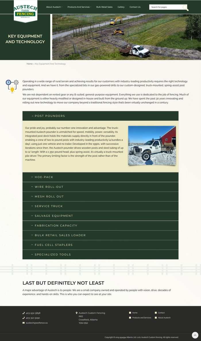 Austech Custom Fencing key equipment and technology page: an aerial photo of a fencing truck, a list of equipment and a closing section.
