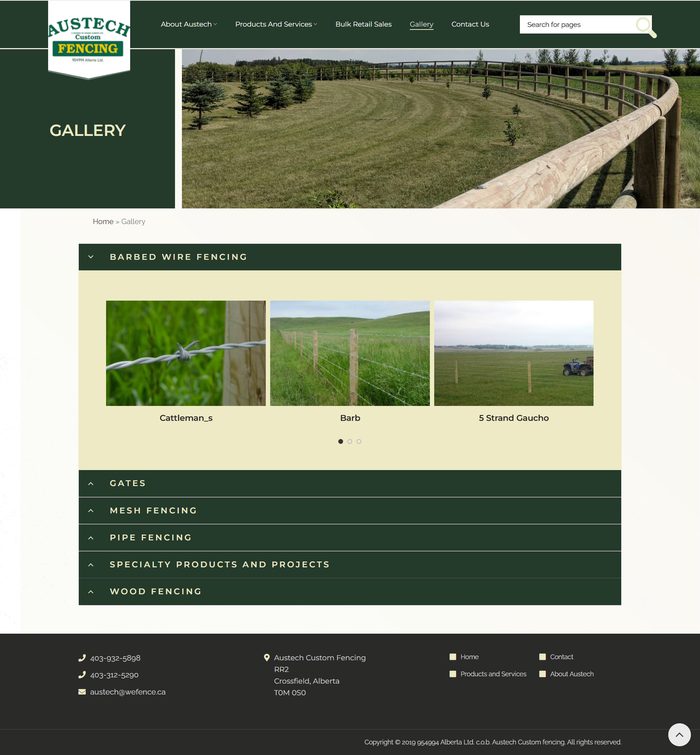 Austech Custom Fencing gallery page: a gallery banner with a fence photo, a barbed wire fencing section with three photos, a list of gates, mesh fencing, pipe fencing, specialty products and projects and wood fencing, and a dark footer.