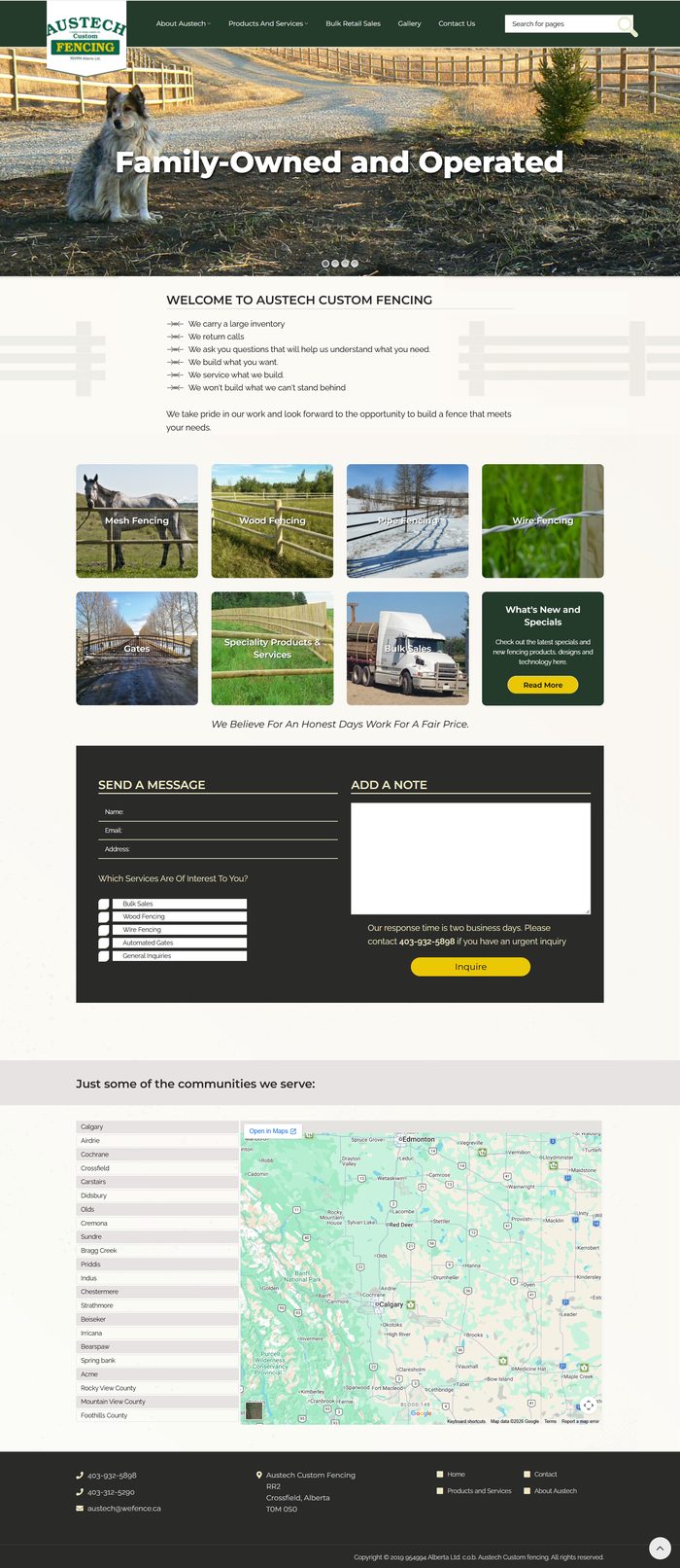Austech Custom Fencing home page: a dog beside a gravel road with the words Family-Owned and Operated, a welcome list, product tiles, a contact form and a map of communities served.