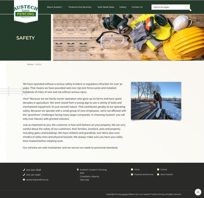 Austech Custom Fencing safety page: a safety banner with goggles, gloves and a hard hat, and text about the company's safety record with a photo of a worker.